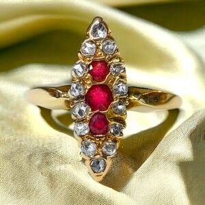 Antique 10k Gold Ruby Diamond Navette Ring Size 7 Rose Cut Gems Victorian 2.4g